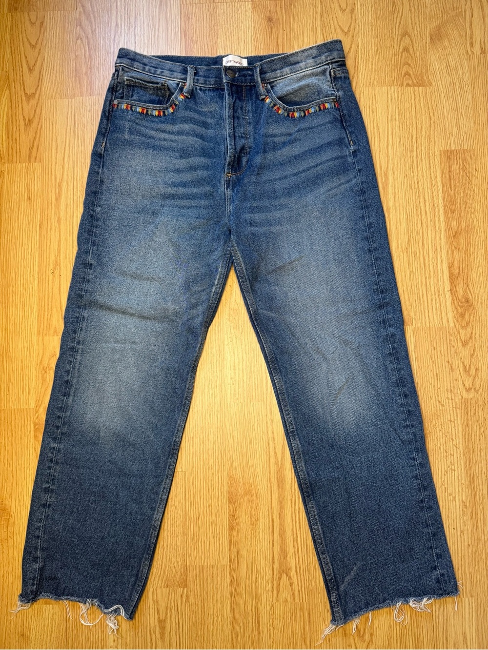 DRIFTWOOD Blue Denim High-Rise Jeans with Multicolor Embroidered Bird - Picture 2 of 8